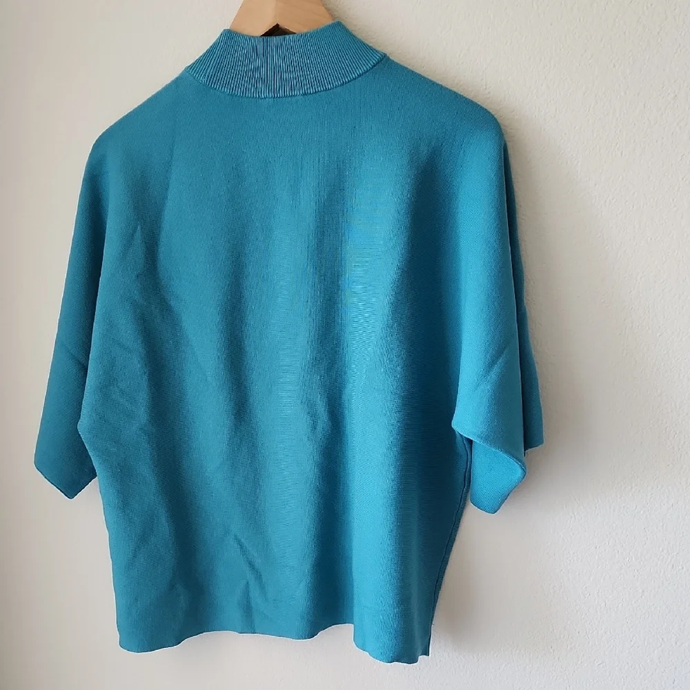 Chico's Teal Sweater Short Sleeve Mock Neck Wide Elbow Sleeves Sz L (2) Soft - Picture 9 of 16